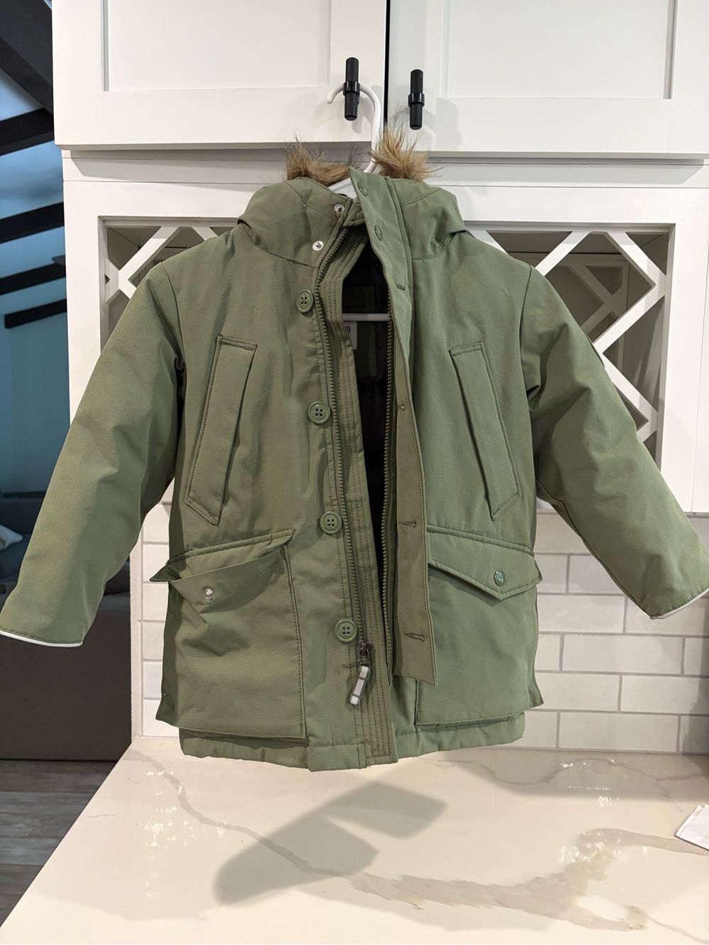 GAP Olive Green Kids Puffer Parka with Faux Fur Hood XS